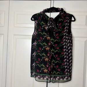 Max Studio Floral Tie-Neck Blouse Size M Romantic Sheer Top
